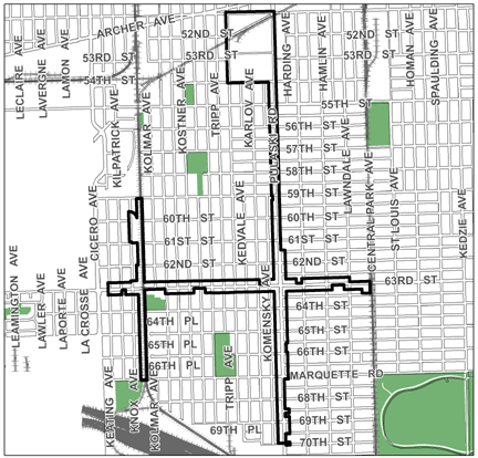 63rd/Pulaski TIF district, roughly bounded on the north by 51st Street, 70th Street on the south, Central Park Avenue on the east, and Keating Avenue on the west.